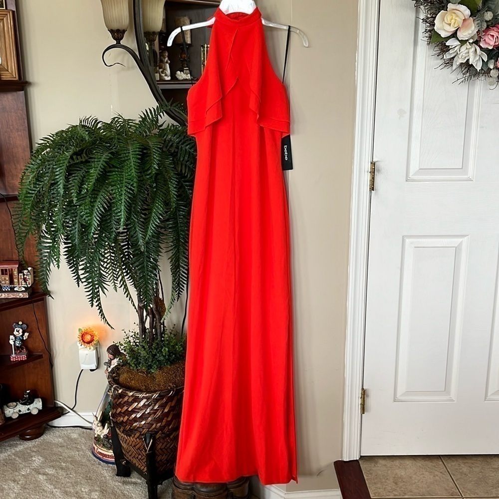 Brand New Bebe Long Halter Dress Orange Ruffle Lined Zip Up Back Slit Maxi